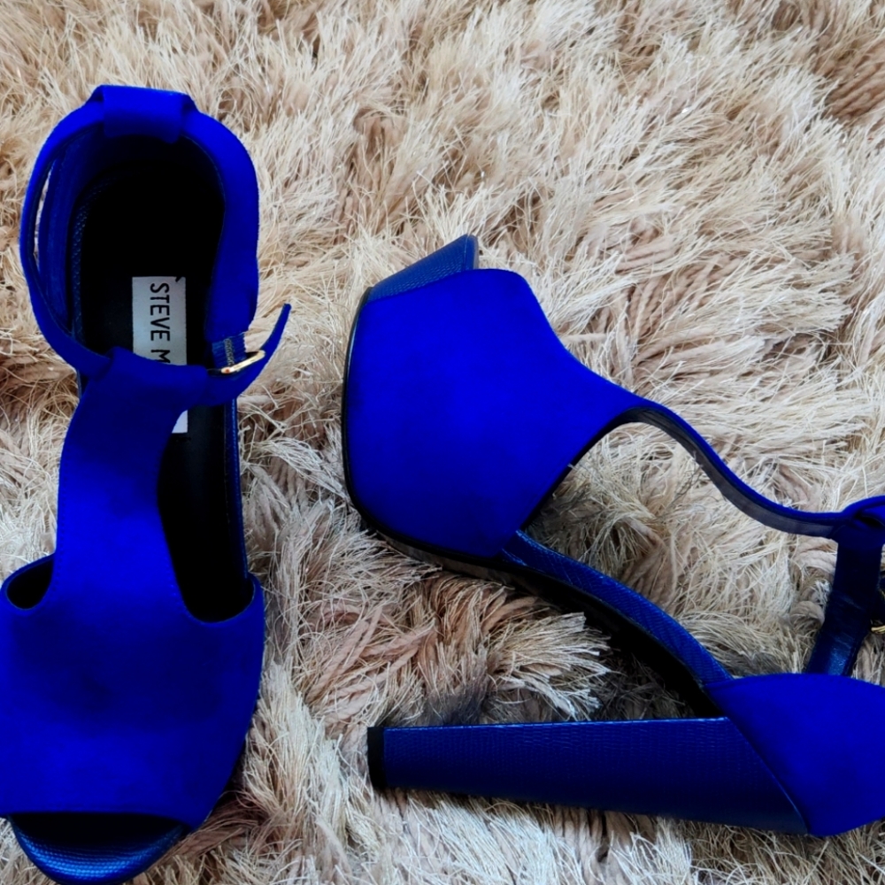 Blue suede platform peep toe heels